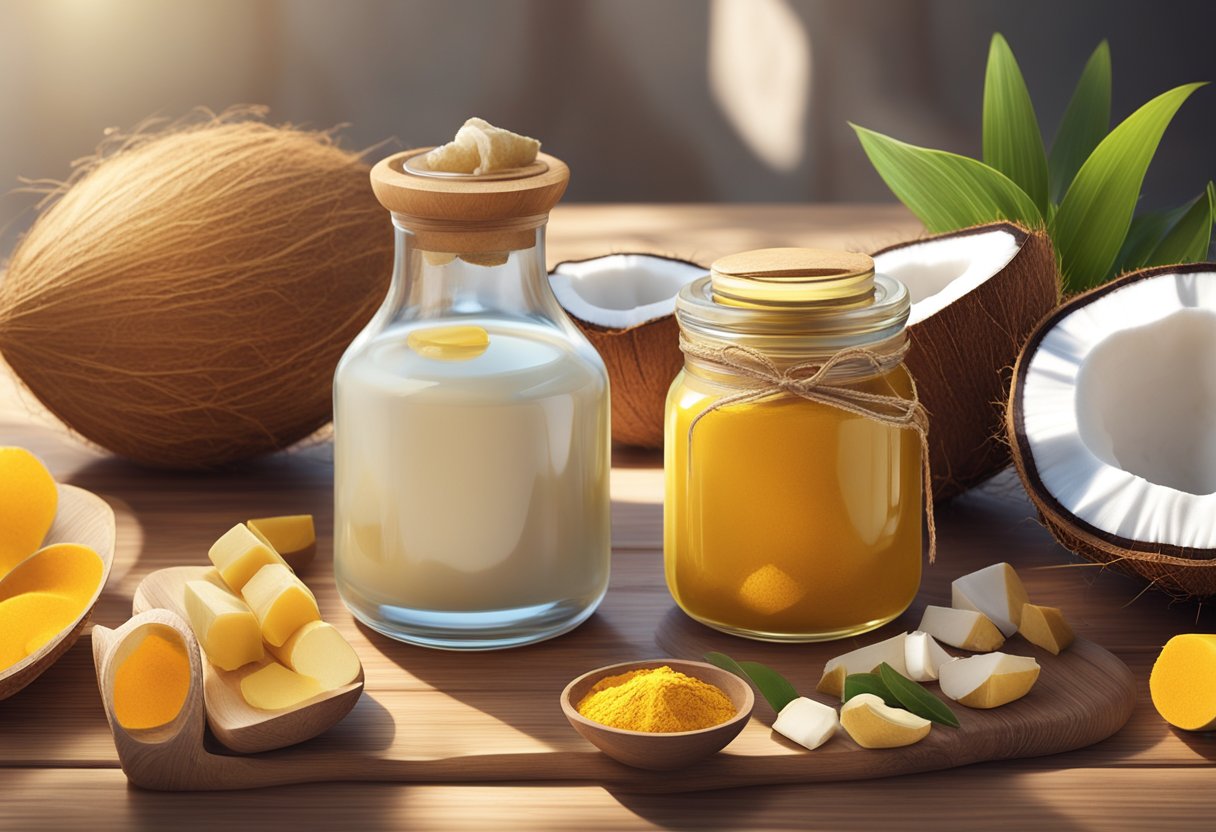 A clear glass jar filled with coconut oil and turmeric sits on a wooden table, surrounded by various natural ingredients. A soft glow from the sunlight highlights the healing properties of the homemade cleanser