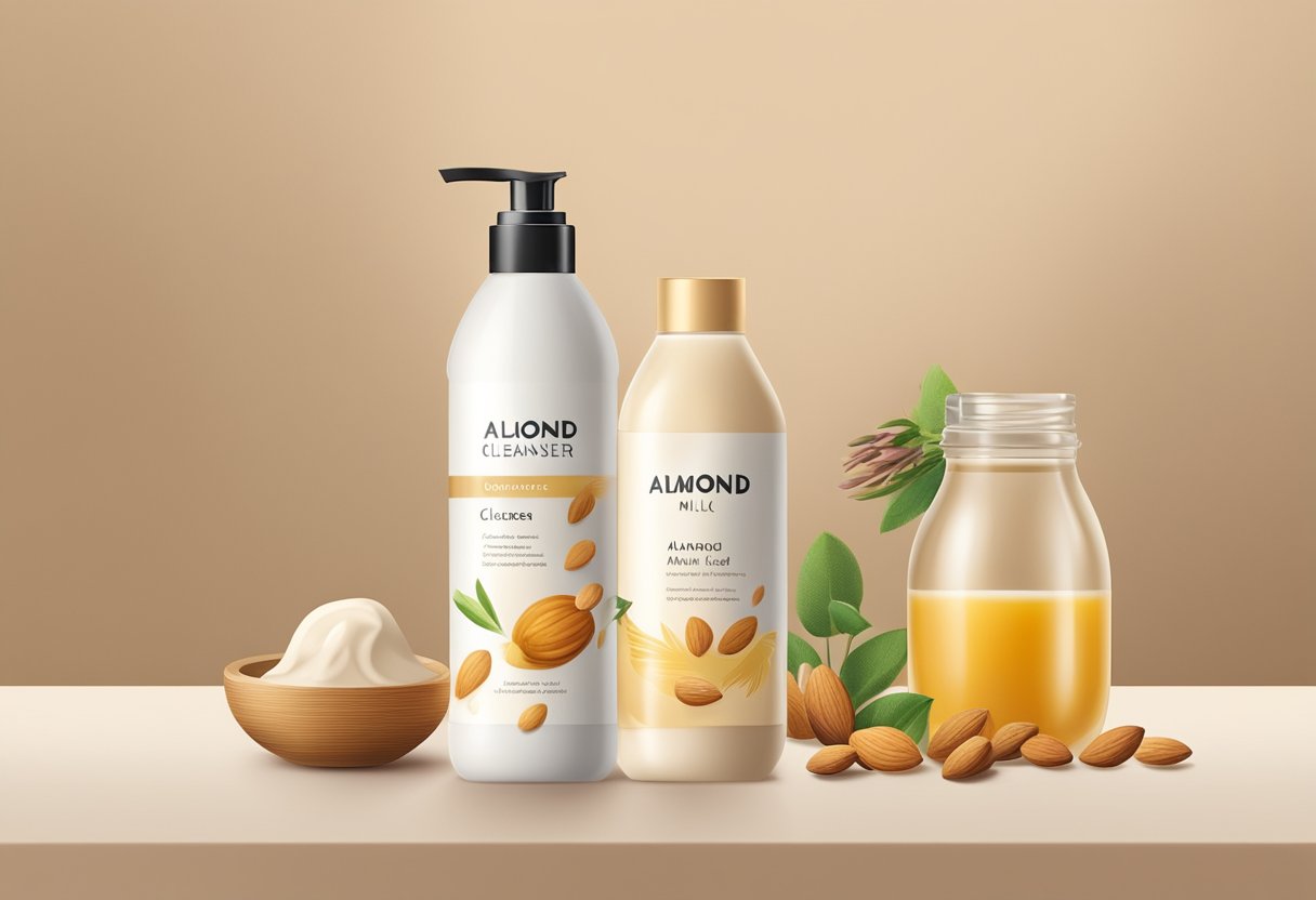 A bottle of almond milk and honey cleanser surrounded by various natural ingredients and essential oils on a clean, minimalist surface