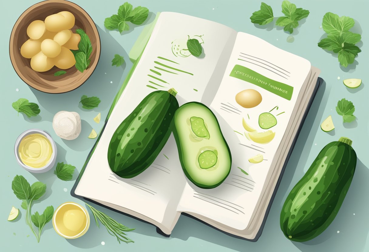 A cucumber and potato eye mask resting on a chilled surface, surrounded by fresh ingredients and a recipe book