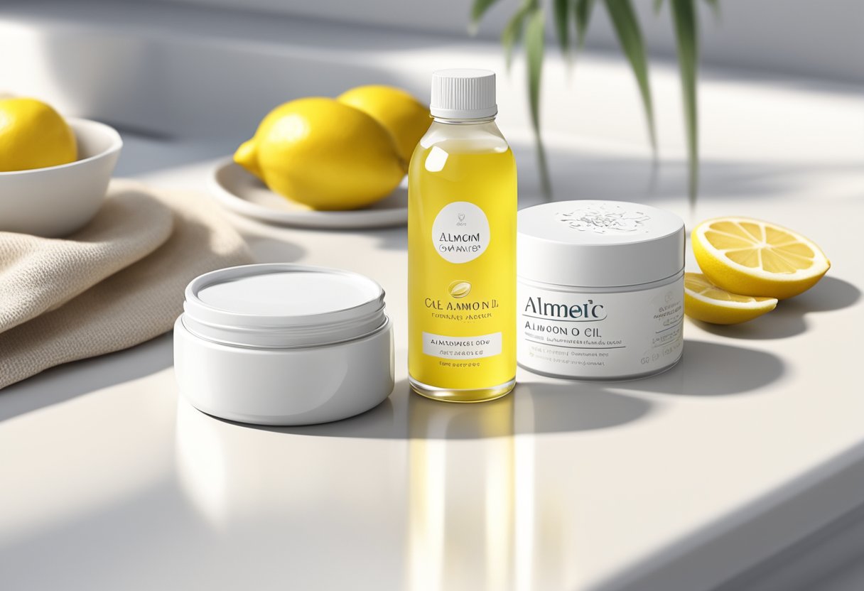 A small glass jar filled with almond oil and lemon juice sits on a clean, white countertop. A soft, cotton eye mask is draped next to it, ready to be used for a revitalizing treatment