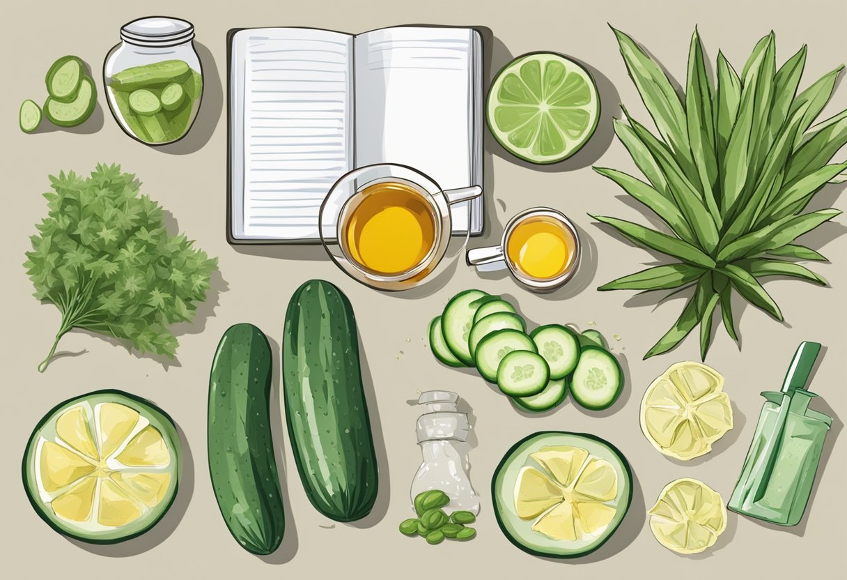 A table with various ingredients like cucumbers, aloe vera, and tea bags. A notebook with "FAQs 21 Best DIY Eye Mask Recipes for Dark Circles" written on it