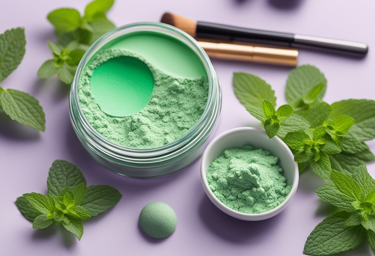 A small bowl of mint leaf powder mixed with glycerin sits next to a vibrant green eye shadow palette. The ingredients are ready for a homemade eye shadow recipe