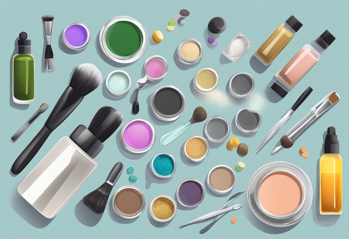 A table with various ingredients and tools for making homemade eye shadow, including powders, oils, and mixing utensils