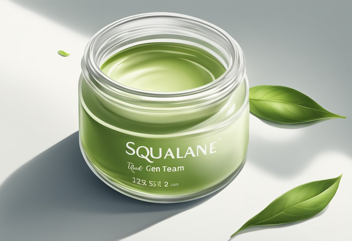 A jar of green tea and squalane cream sits on a clean, white surface. A soft, natural light illuminates the jar, highlighting the simple, elegant design
