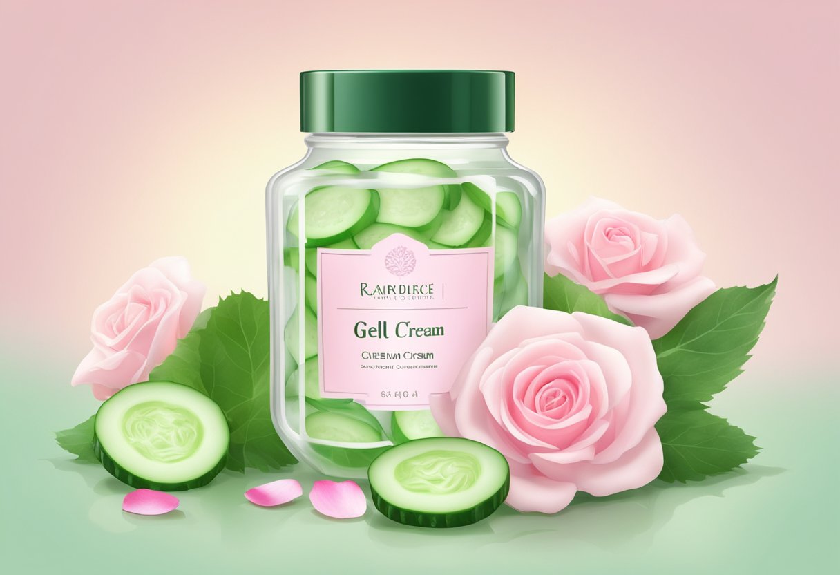 A clear glass jar filled with a light green gel cream, surrounded by fresh cucumber slices and delicate pink rose petals