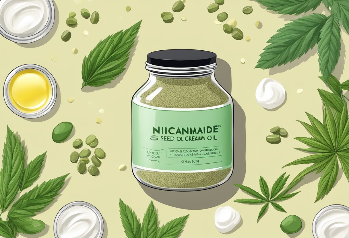 A jar of Niacinamide and Hemp Seed Oil cream surrounded by ingredients for DIY face cream
