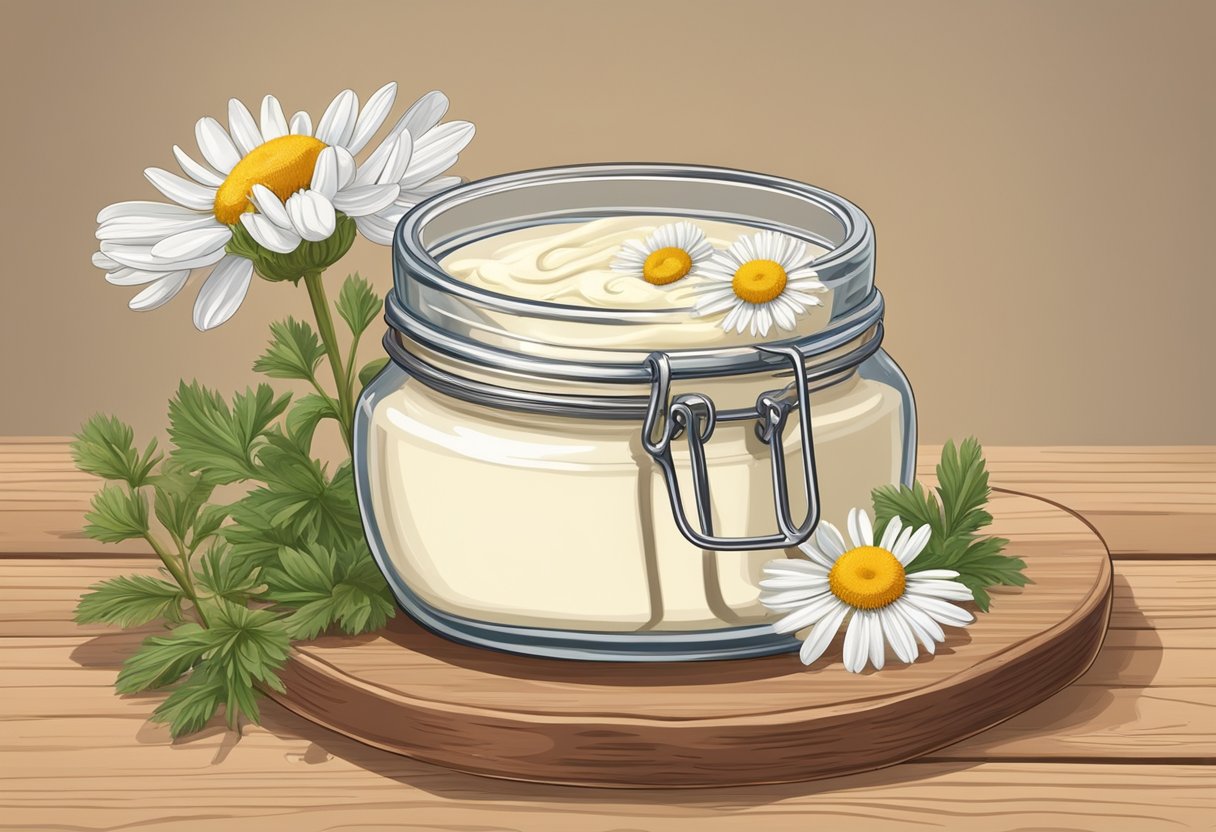 A small jar of arrowroot and chamomile cream sits on a wooden surface, surrounded by fresh chamomile flowers and a mortar and pestle
