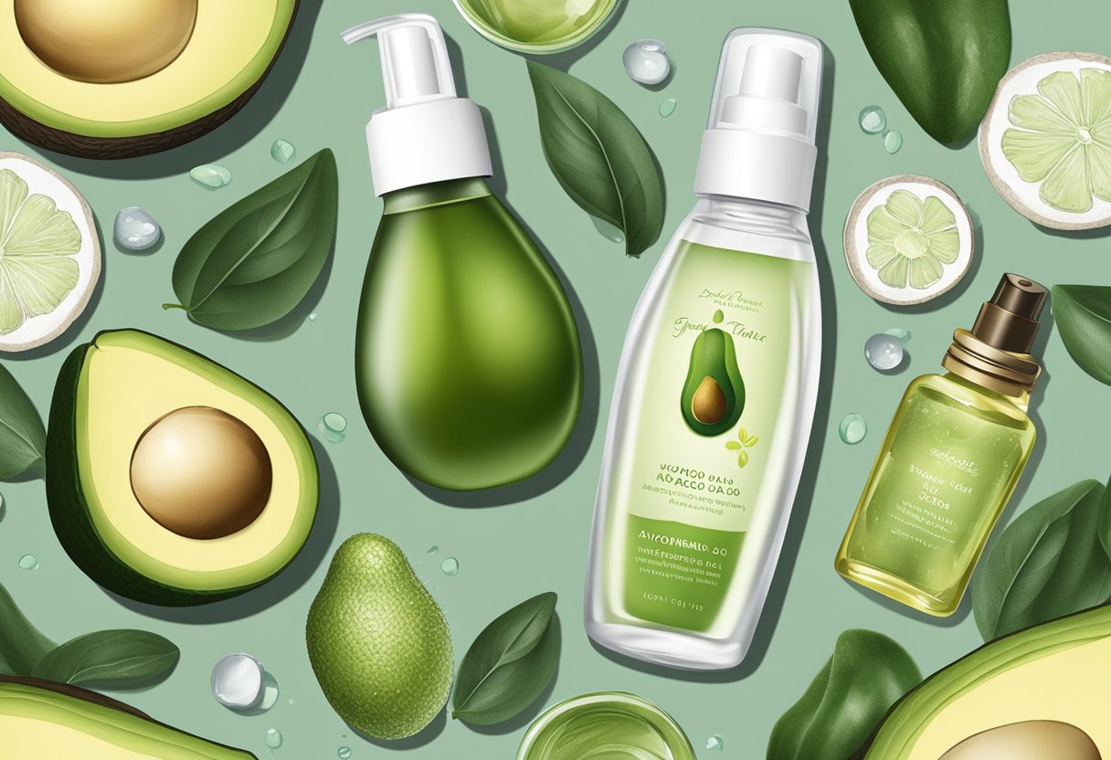 A mist of avocado and olive oil spray hovers over a collection of homemade hydrating toner recipes, showcasing the nourishing ingredients for dry skin