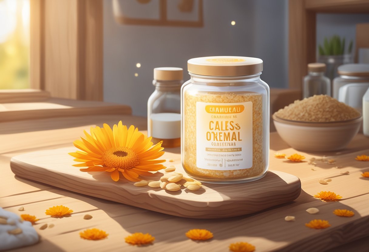 A glass jar of calendula oil and oatmeal cream sits on a wooden table, surrounded by scattered ingredients like oats and honey. Sunlight streams in through a nearby window, illuminating the homemade moisturizer