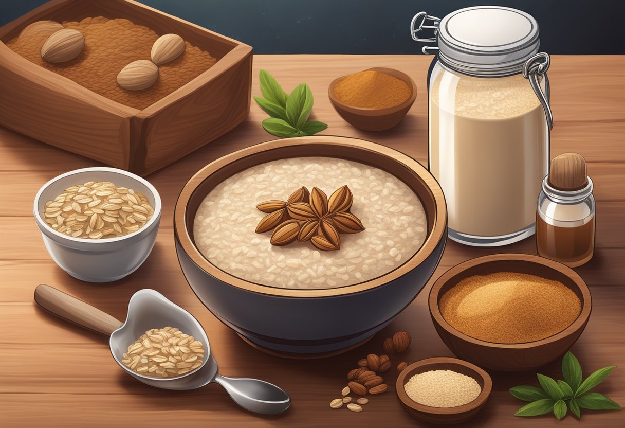 A bowl of oatmeal and nutmeg powder sits on a wooden table, bathed in a soft, warm glow. Surrounding it are various organic ingredients and containers