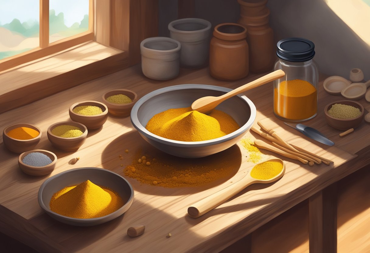 A small bowl of clay and turmeric powder sits on a wooden table, surrounded by various ingredients and mixing tools. Sunlight streams in from a nearby window, casting a warm glow on the scene