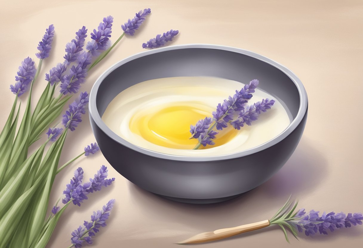 A small bowl of cornstarch and lavender oil mixed together, with a soft brush nearby, on a clean, natural-looking surface