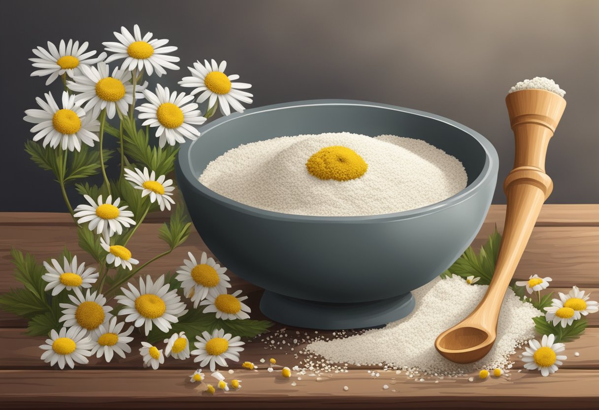 A bowl of kaolin clay and chamomile powder surrounded by dried chamomile flowers and a mortar and pestle on a wooden table
