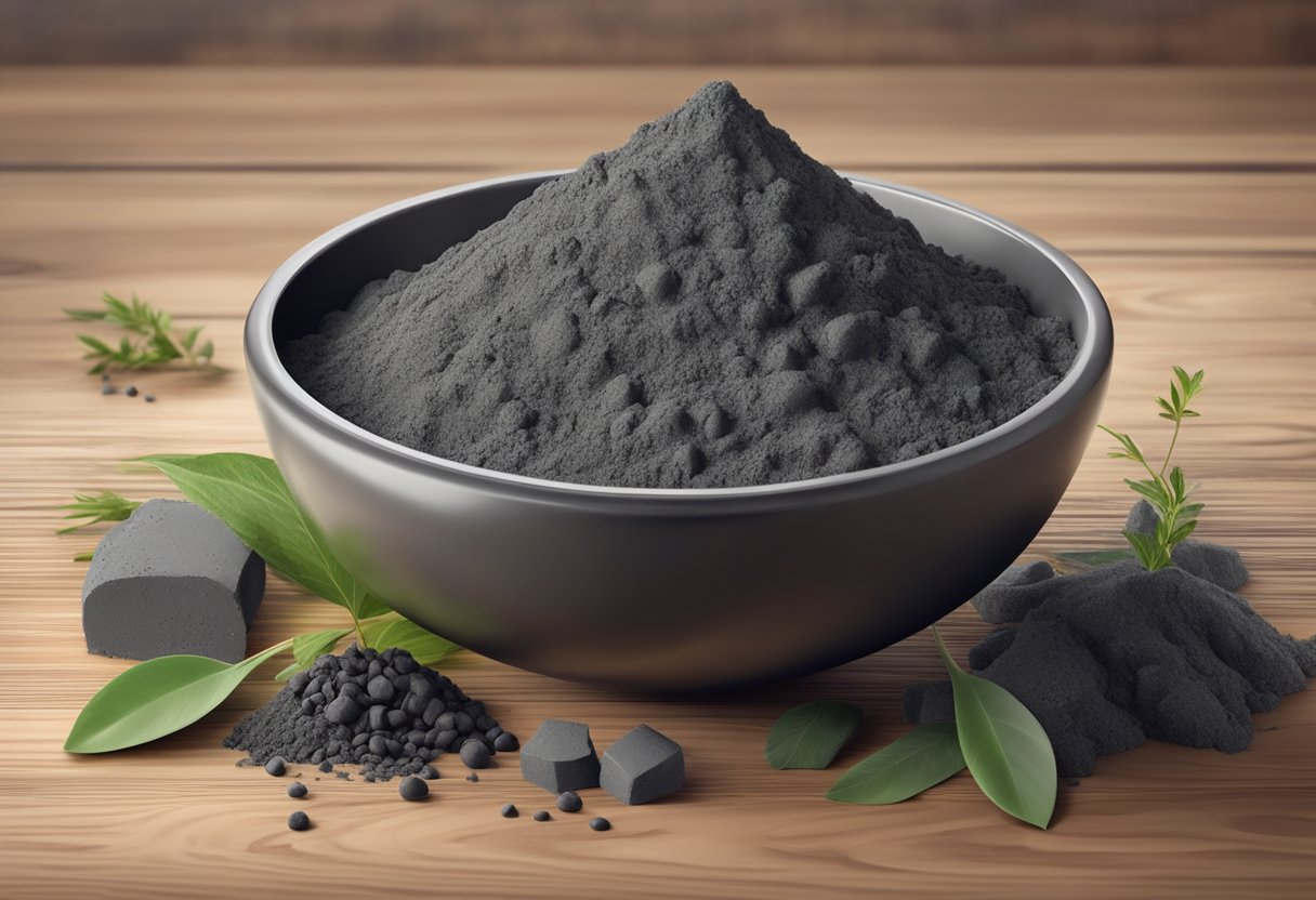 A bowl of Bentonite clay and activated charcoal powder mixed together, with various organic ingredients scattered around on a wooden table