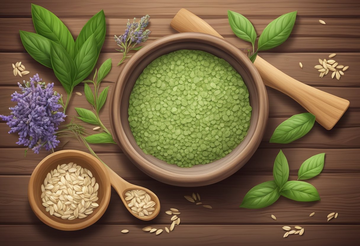 A small bowl of green tea powder and zinc oxide, surrounded by various organic ingredients like oats and lavender, on a rustic wooden table