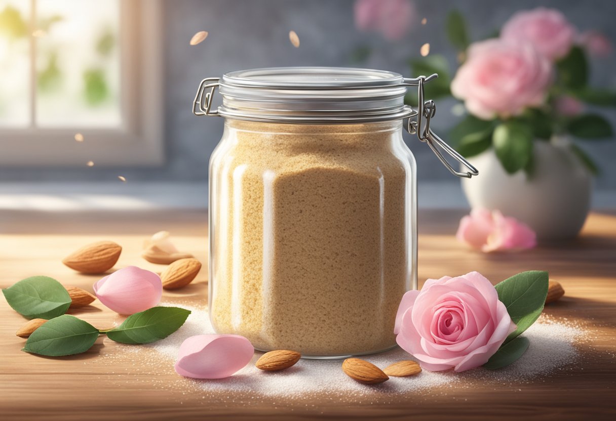 A jar of almond flour and rose petals sits on a rustic wooden table, surrounded by various organic ingredients. Sunlight streams in, highlighting the powdery texture and natural elements