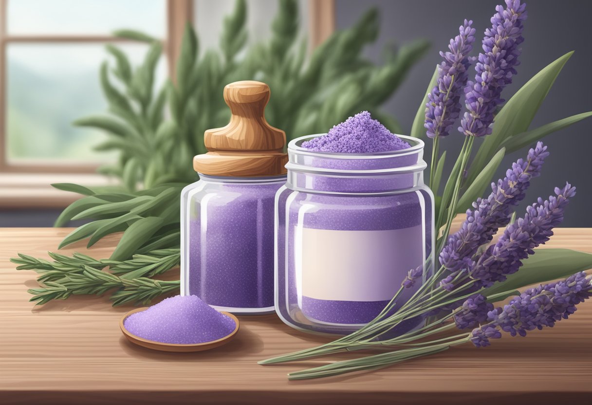 A small glass jar filled with fine silk powder and dried lavender sits on a wooden table, surrounded by various organic ingredients and essential oils