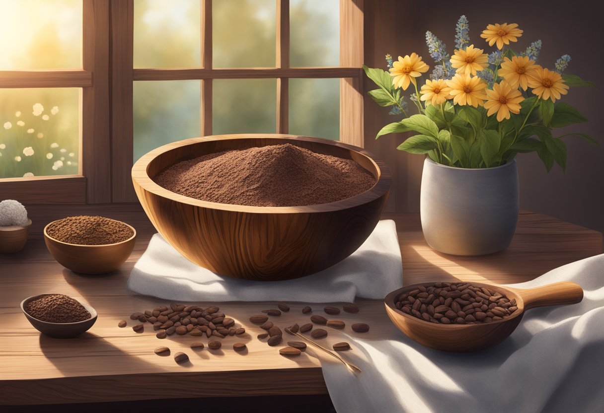 A wooden bowl filled with cacao and arrowroot powder sits on a rustic table, surrounded by dried herbs and flowers. Sunshine streams through a nearby window, casting a warm glow over the ingredients