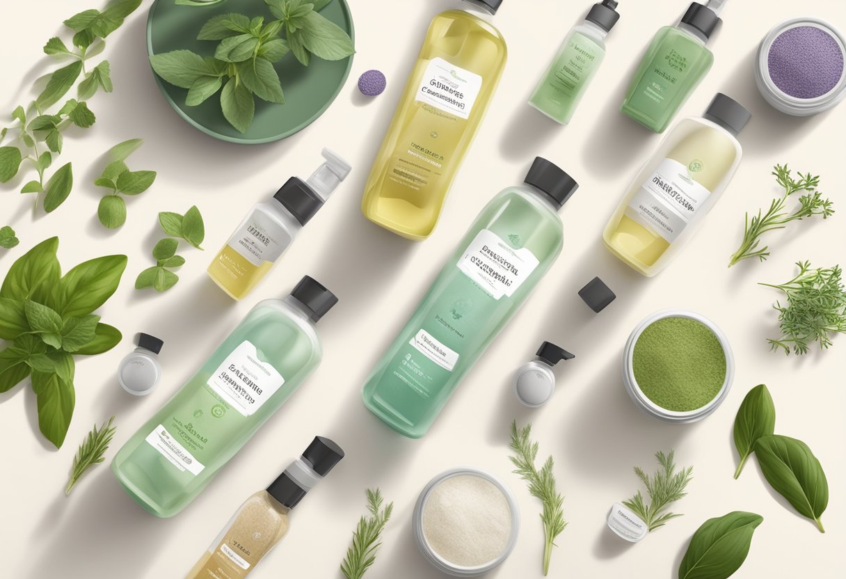 A collection of soothing cleanser ingredients arranged on a clean, well-lit surface, with labeled containers, fresh herbs, and natural elements