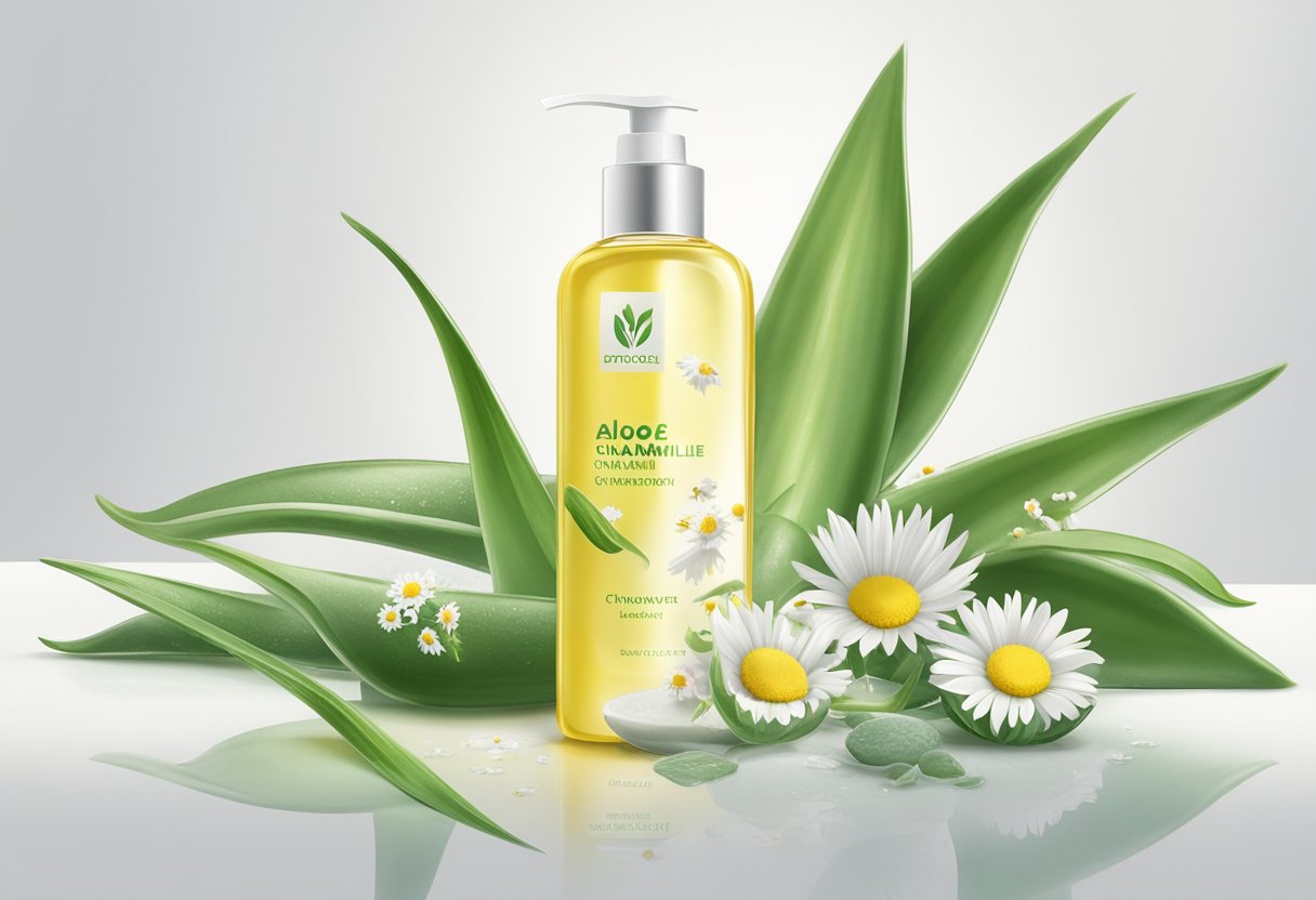 Aloe Vera and Chamomile cleanser ingredients arranged on a clean, white surface with natural light streaming in, surrounded by fresh chamomile flowers and aloe vera leaves