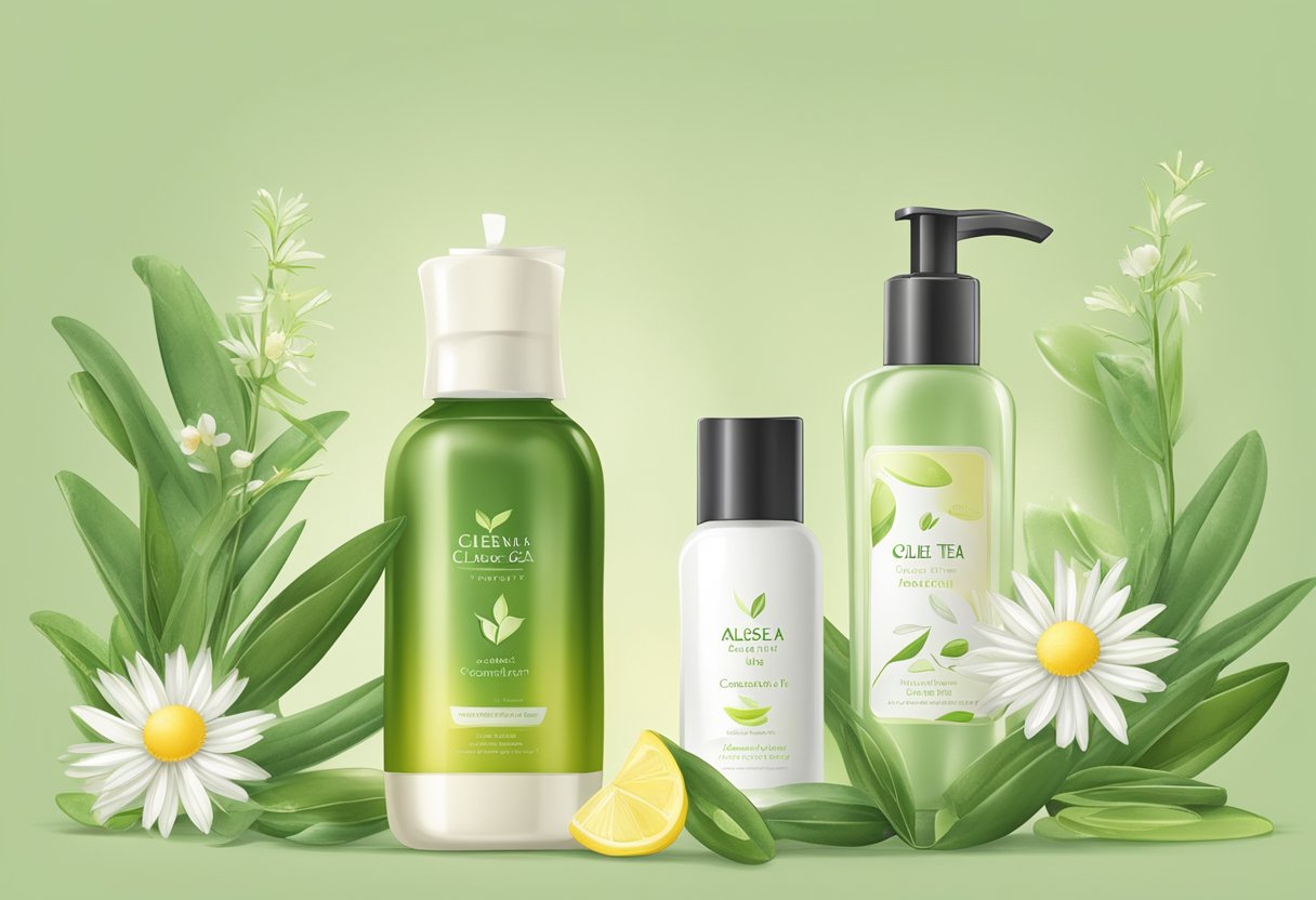 A glass bottle of green tea and olive oil cleanser surrounded by soothing ingredients like aloe vera and chamomile, with a soft, natural color palette