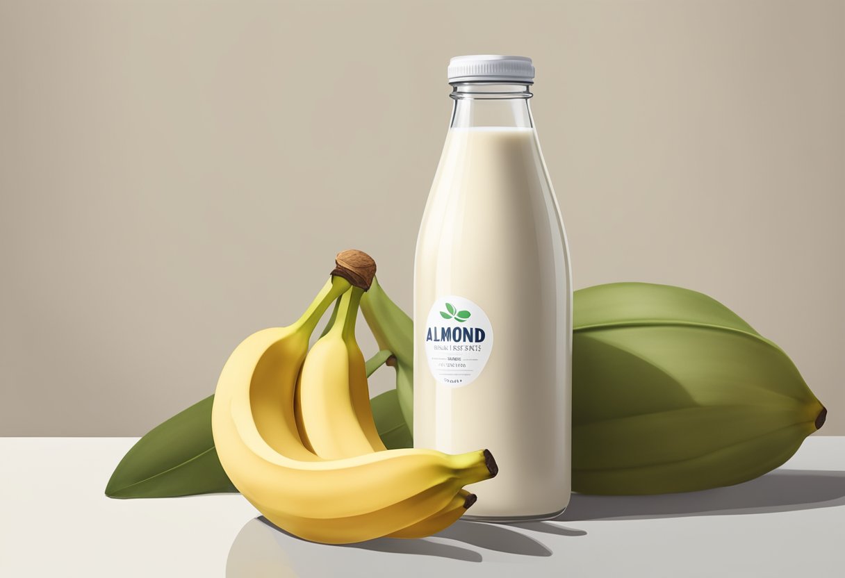A glass bottle of almond milk and a ripe banana on a clean, white surface with soft lighting