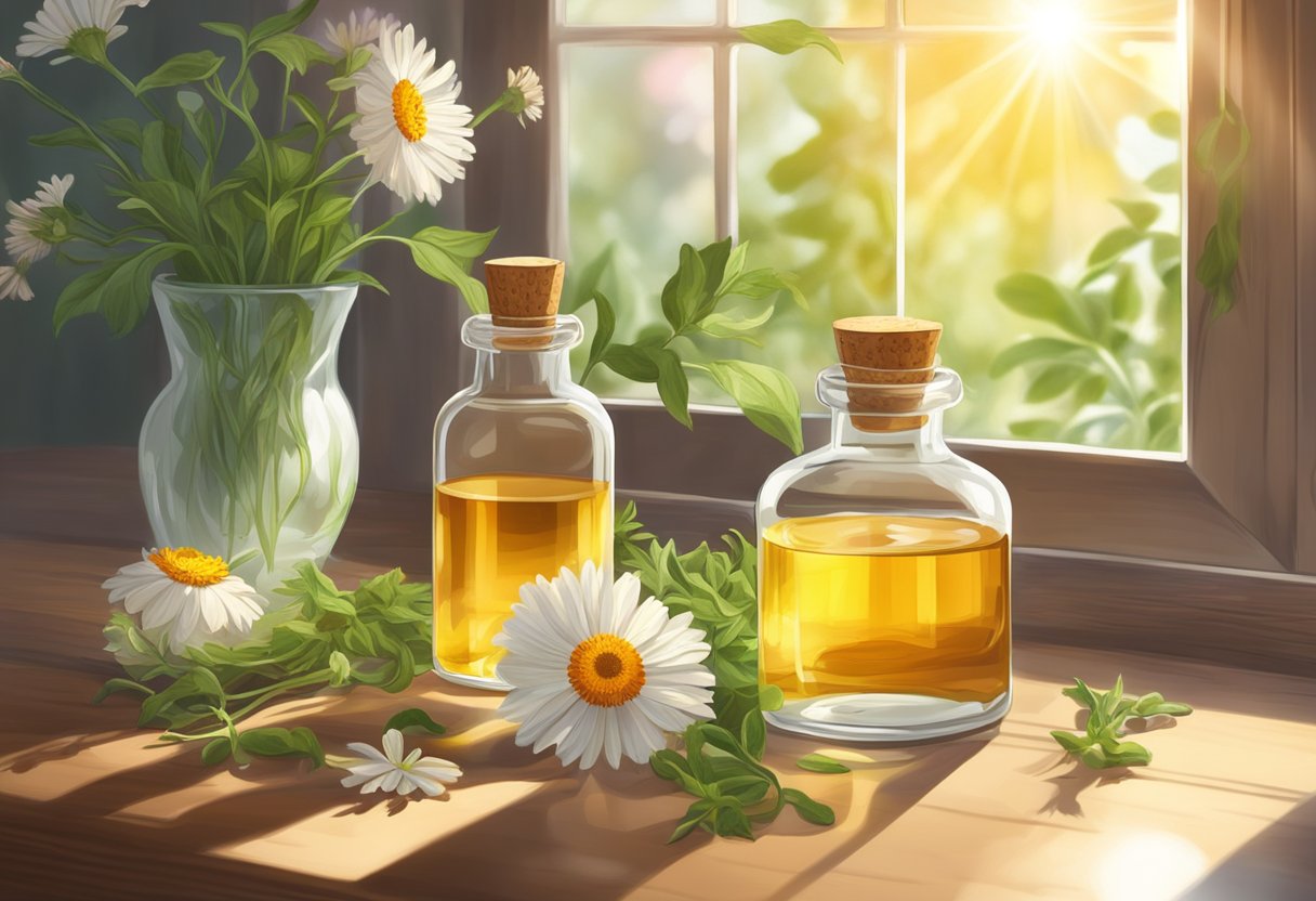 A glass bottle with calendula and jojoba oil sits on a wooden table surrounded by fresh herbs and flowers. The sunlight streaming through a nearby window highlights the natural ingredients