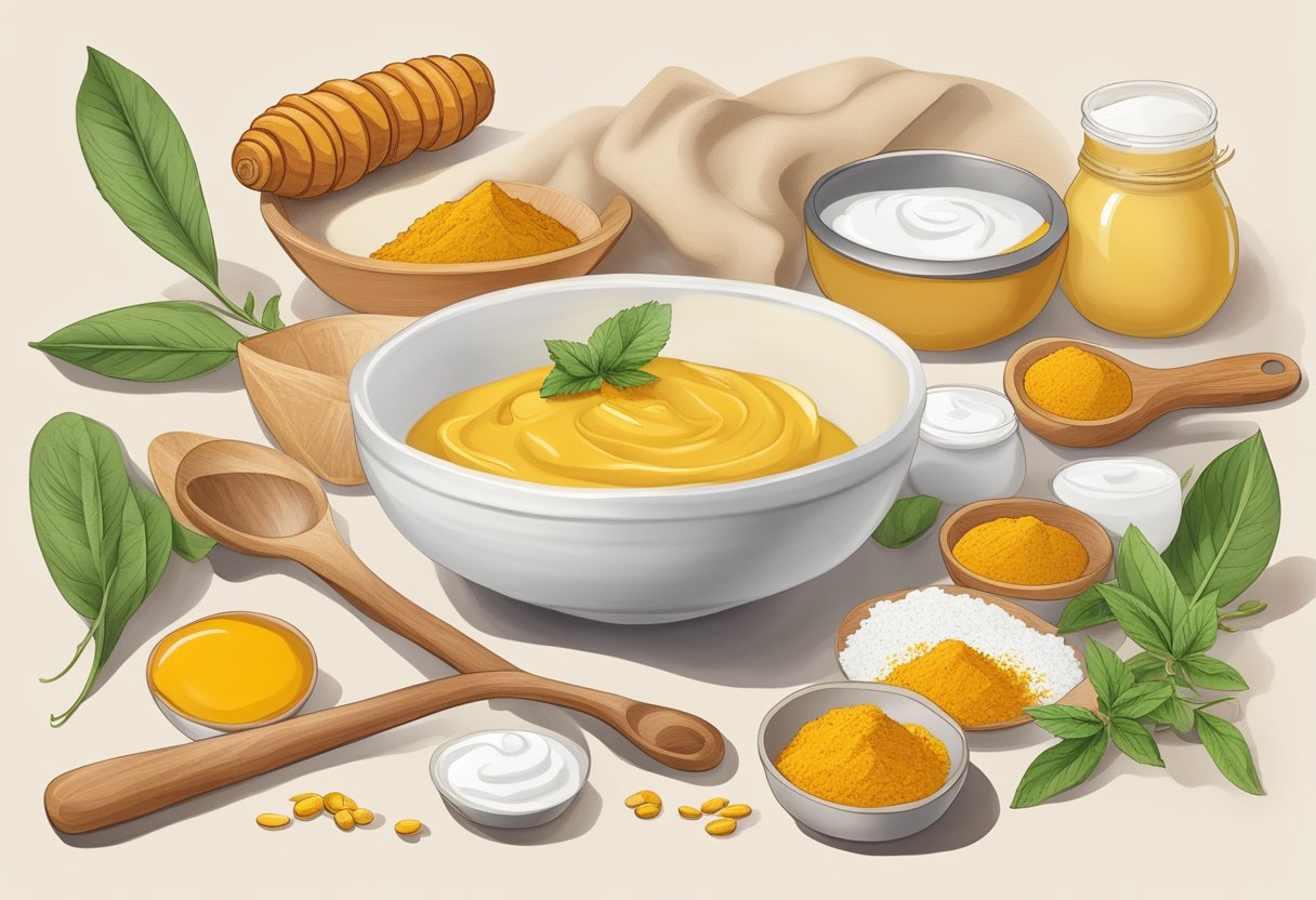 A small bowl filled with turmeric and yogurt sits on a clean surface, surrounded by various ingredients and utensils. The mixture is smooth and creamy, ready to be applied as a healing mask for oily skin