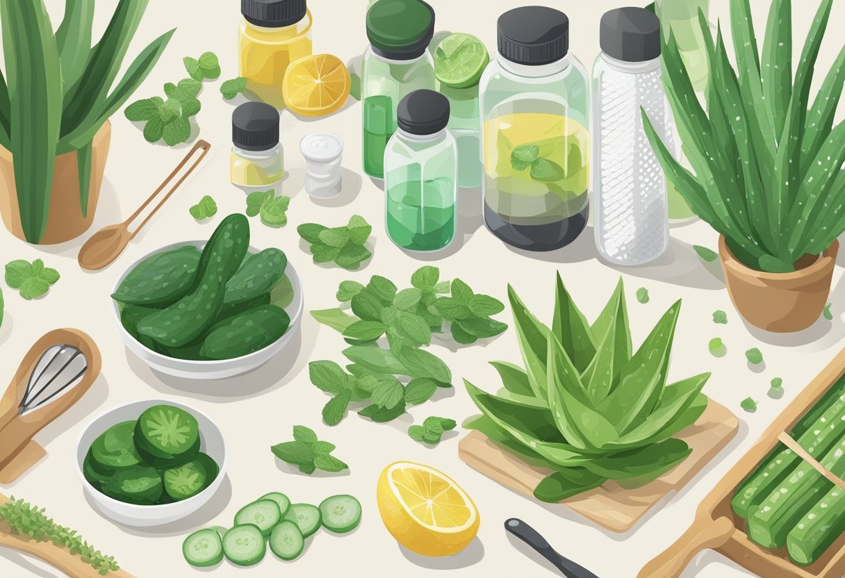 A variety of ingredients like aloe vera, cucumber, and mint leaves are displayed on a clean, organized workspace. Various containers and utensils are scattered around, ready to be used for creating homemade cooling gel