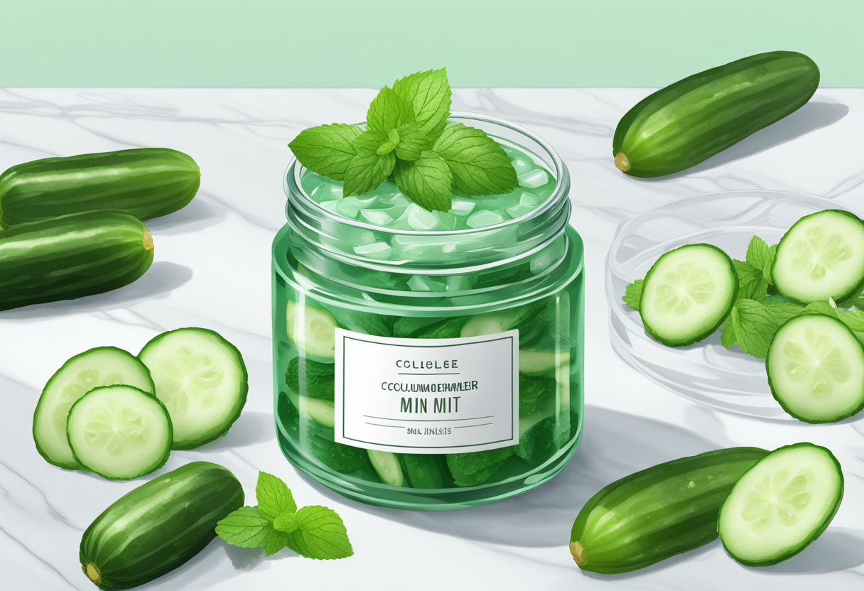 A glass jar filled with cucumber and mint cooling gel sits on a marble countertop, surrounded by fresh cucumber slices and mint leaves