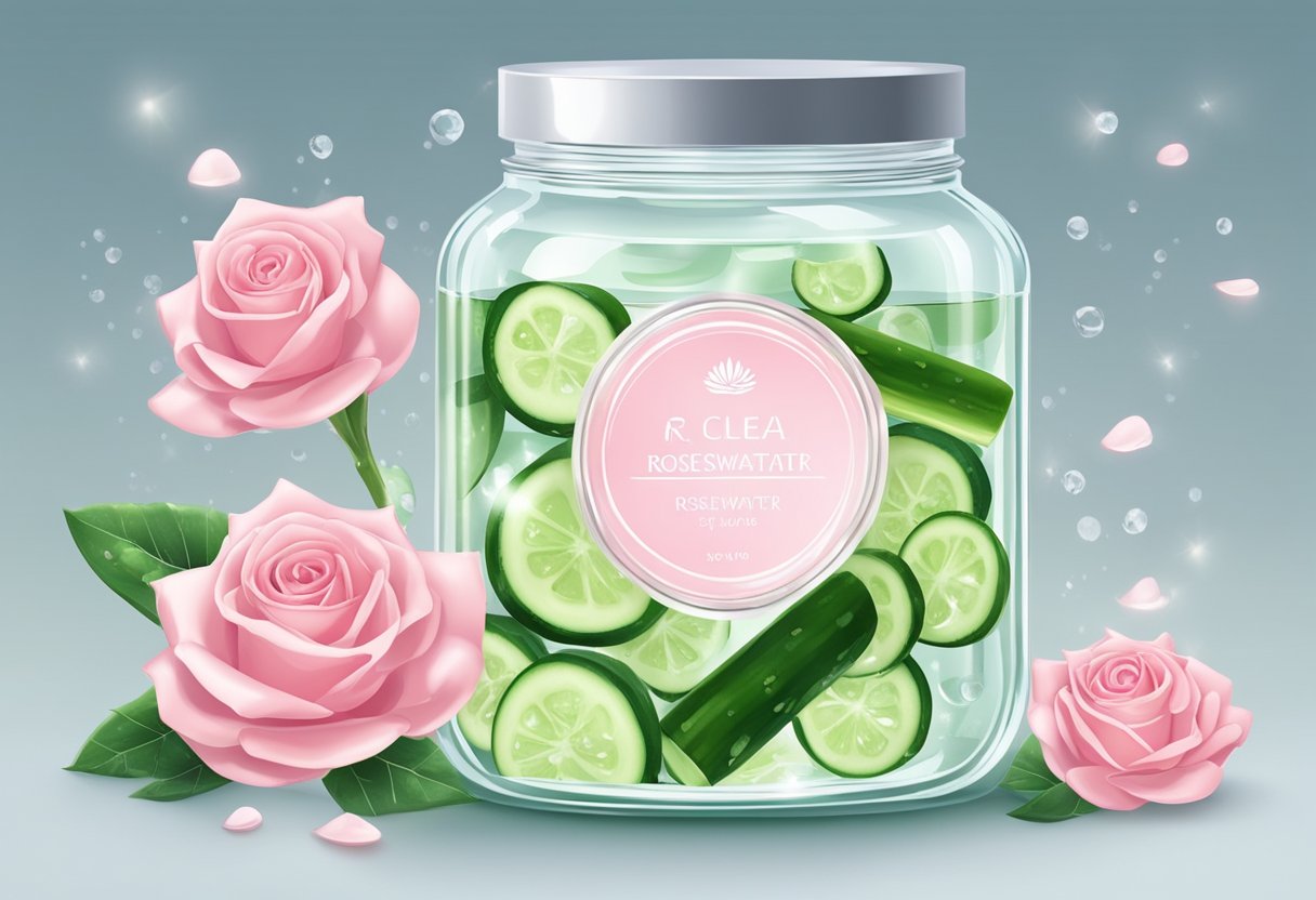 A clear glass jar filled with rosewater and glycerin gel, surrounded by cooling ingredients like aloe vera and cucumber slices