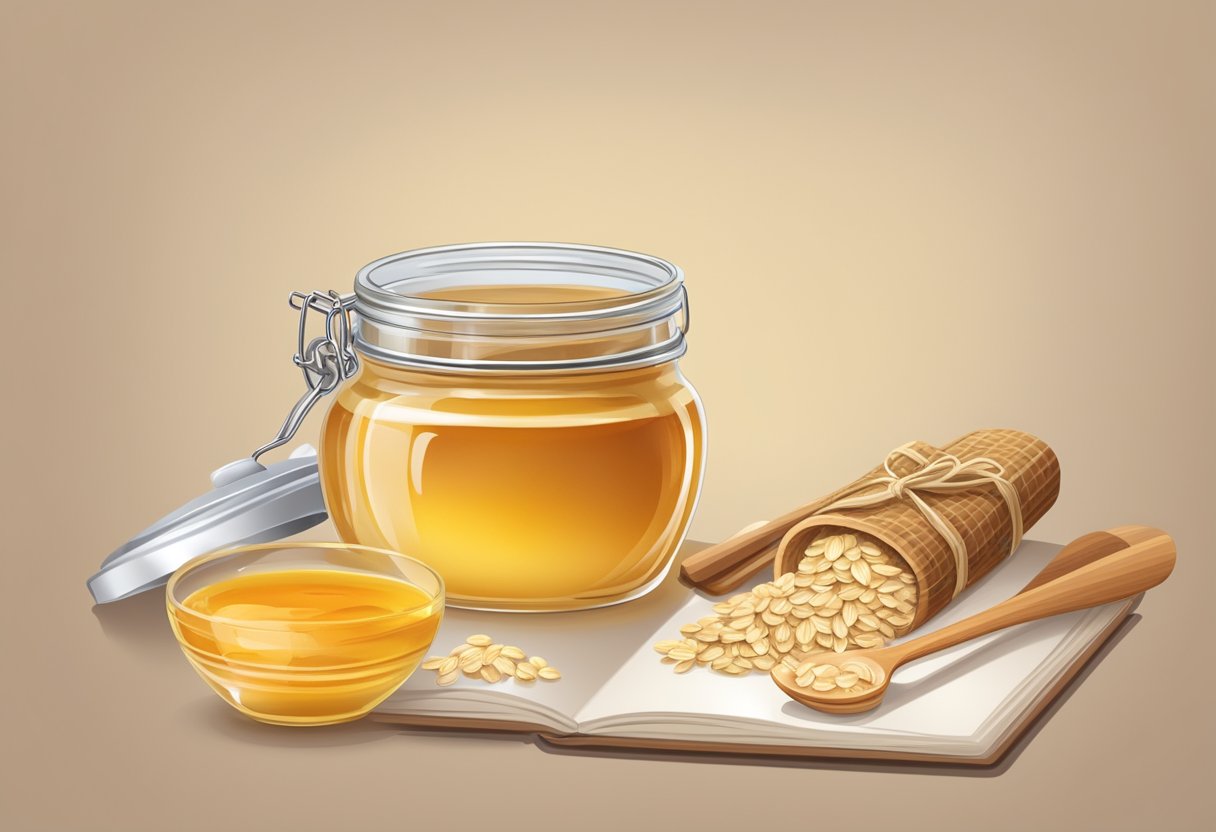 A glass jar filled with oatmeal and honey gel, surrounded by ingredients and recipe book