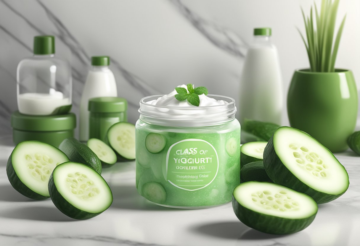 A glass jar of homemade cucumber and yogurt soothing gel surrounded by fresh cucumbers and yogurt containers on a marble countertop