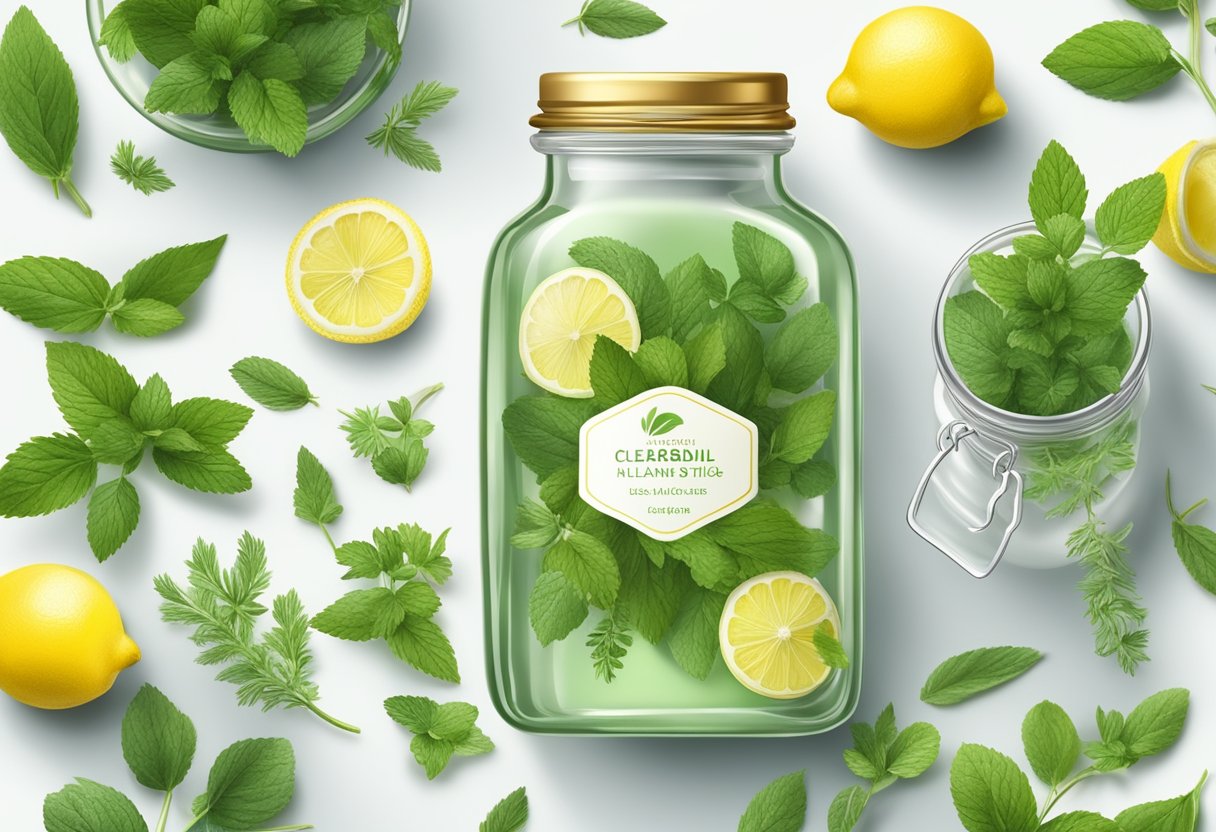 A clear glass jar filled with lemon balm and tea tree oil gel, surrounded by fresh herbs and ingredients