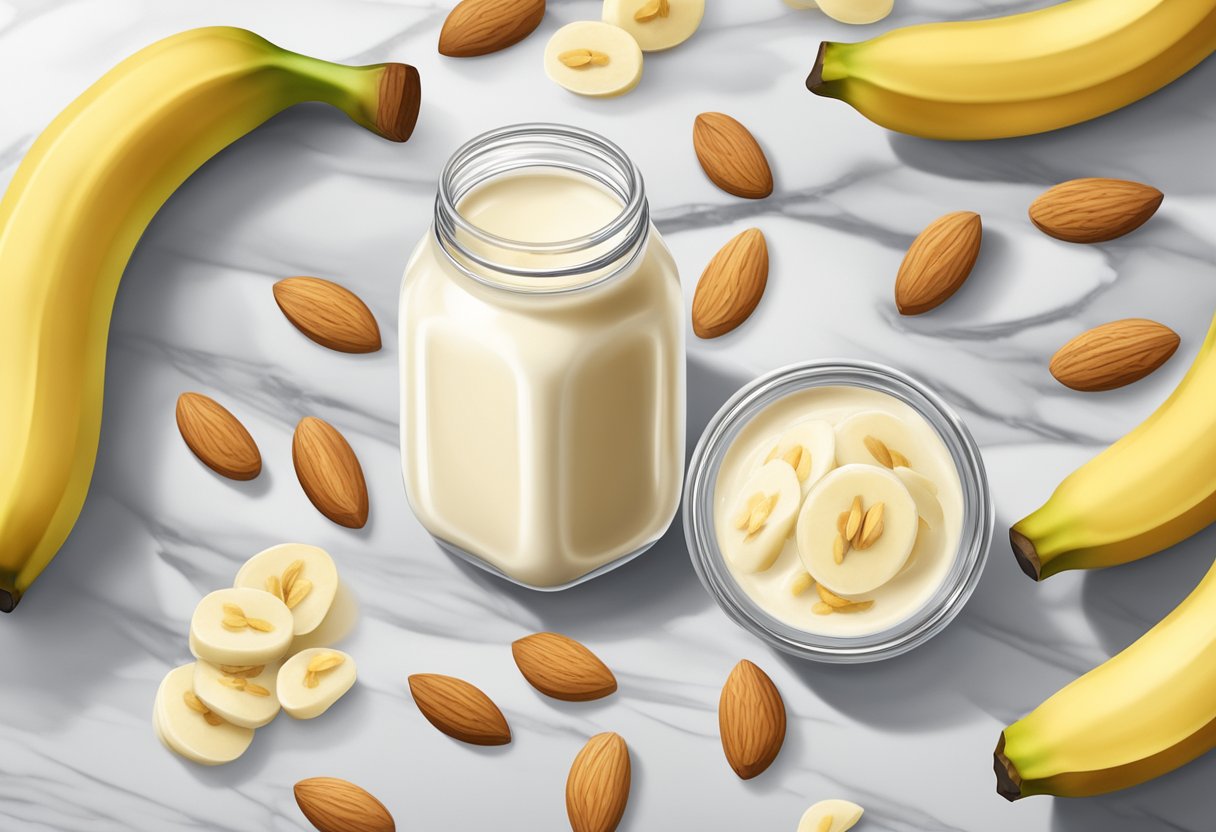 A clear glass jar filled with creamy banana and almond milk gel, surrounded by fresh banana slices and almonds on a marble countertop