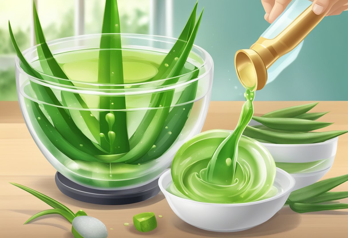 Aloe vera and castor oil are mixed in a bowl, with a small whisk blending the ingredients together. The gel is then poured into a small container, ready for use
