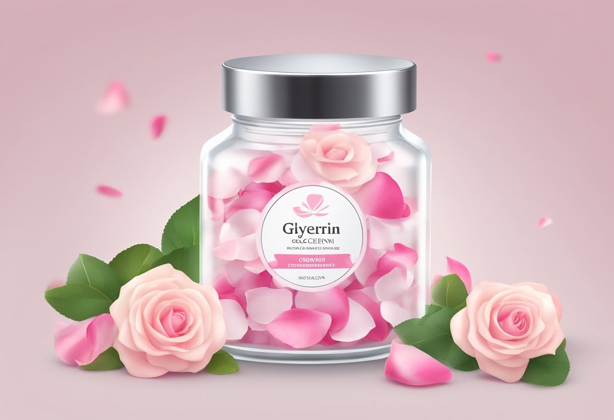A clear glass jar filled with a smooth, translucent gel, with a label reading "Glycerin and Rosewater Conditioning Gel" surrounded by fresh rose petals