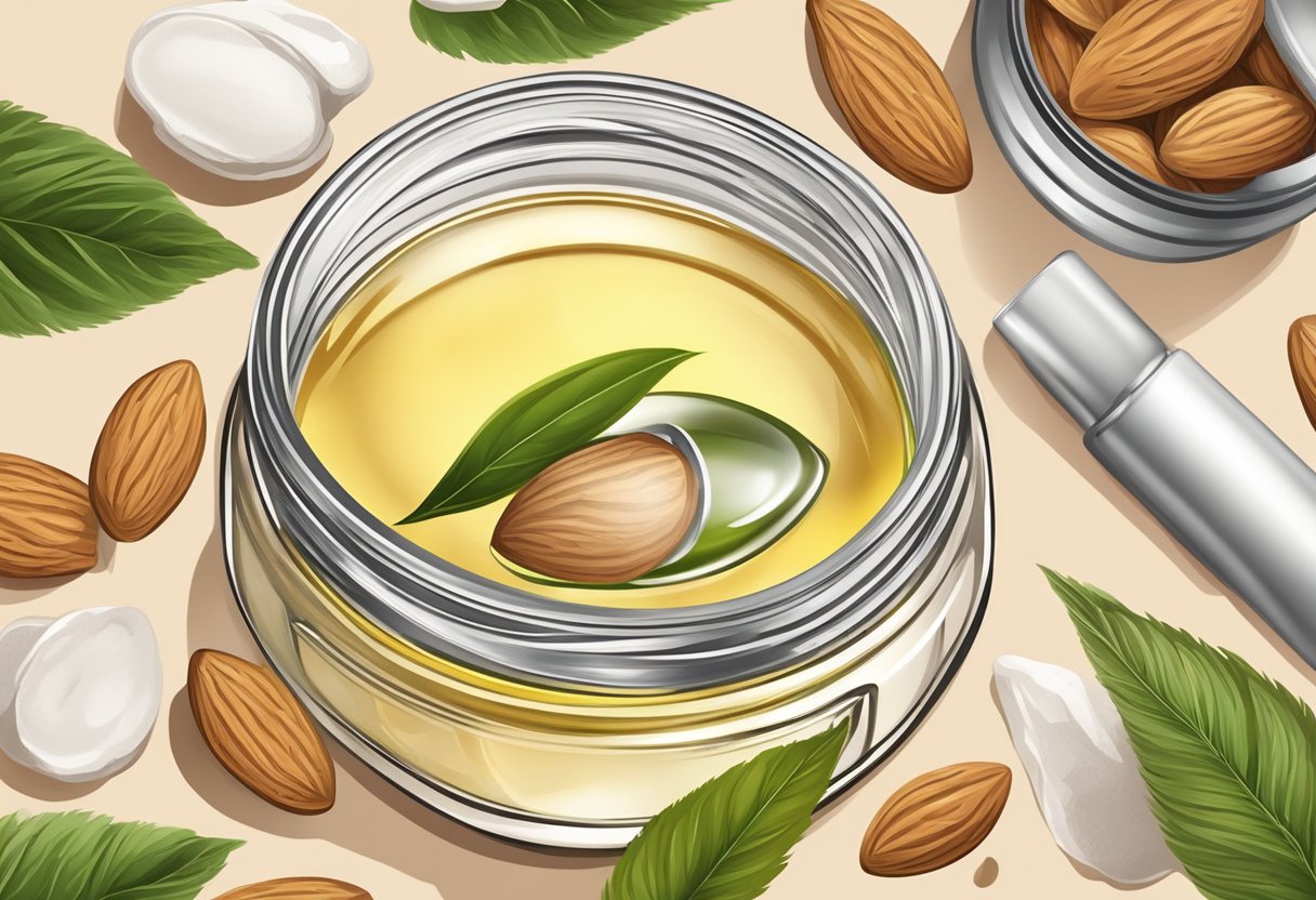 A clear glass jar filled with almond oil and shea butter growth gel, surrounded by various ingredients and tools for making homemade eyebrow gel