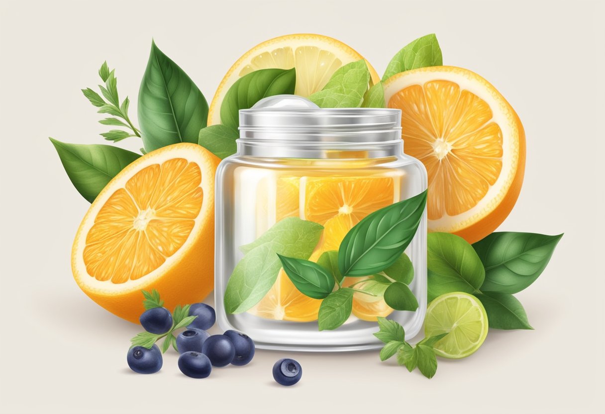 A clear, transparent gel with Vitamin C and Hyaluronic Acid in a small jar surrounded by various natural ingredients and essential oils
