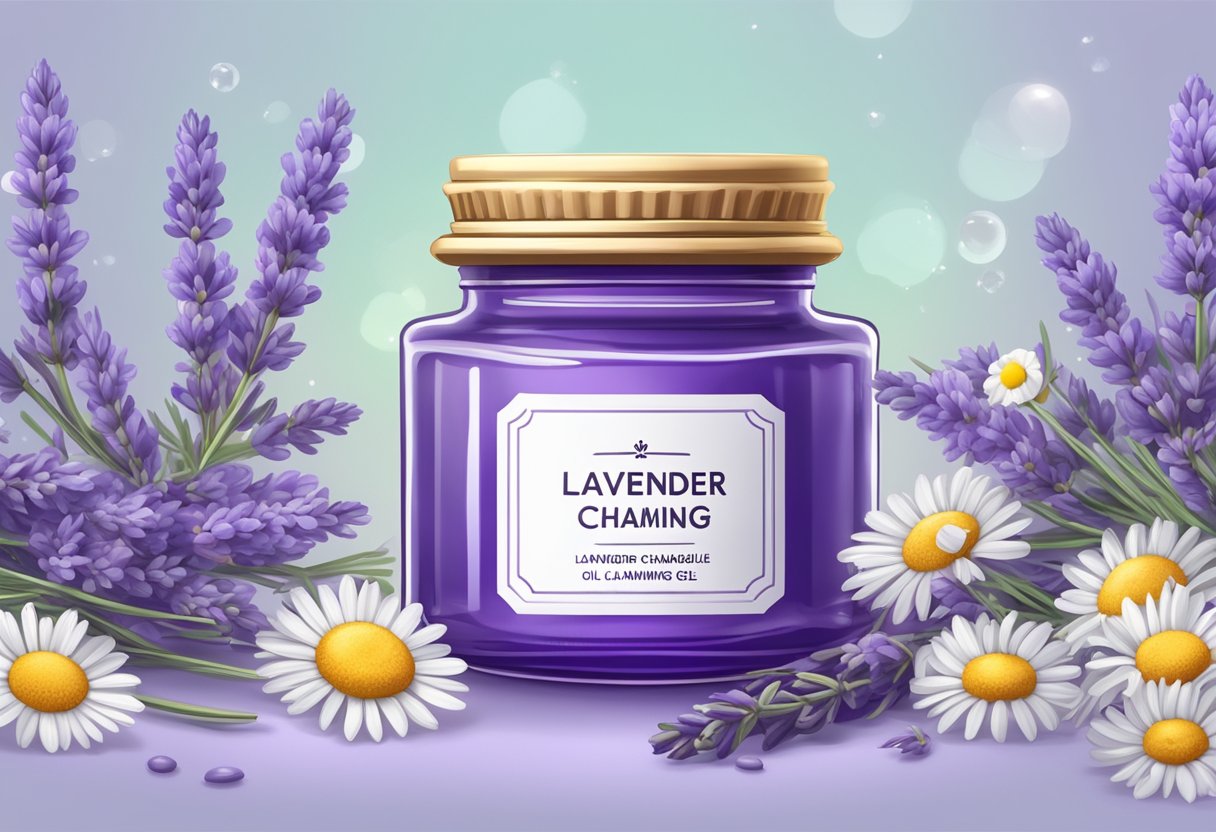 A small glass jar with a label reading "Lavender Oil and Chamomile Calming Gel" surrounded by fresh lavender and chamomile flowers
