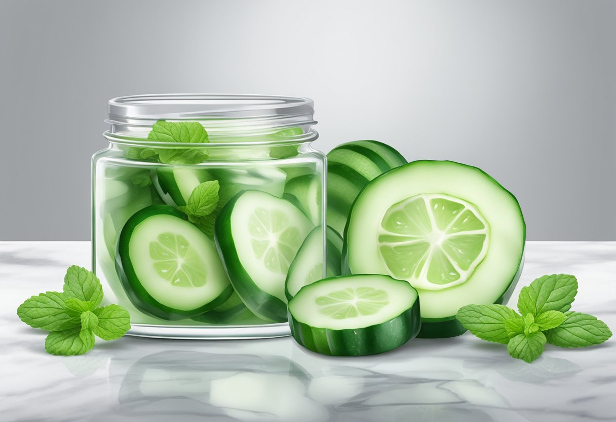 A clear glass jar filled with cucumber and mint gel, surrounded by fresh cucumber slices and mint leaves on a white marble countertop