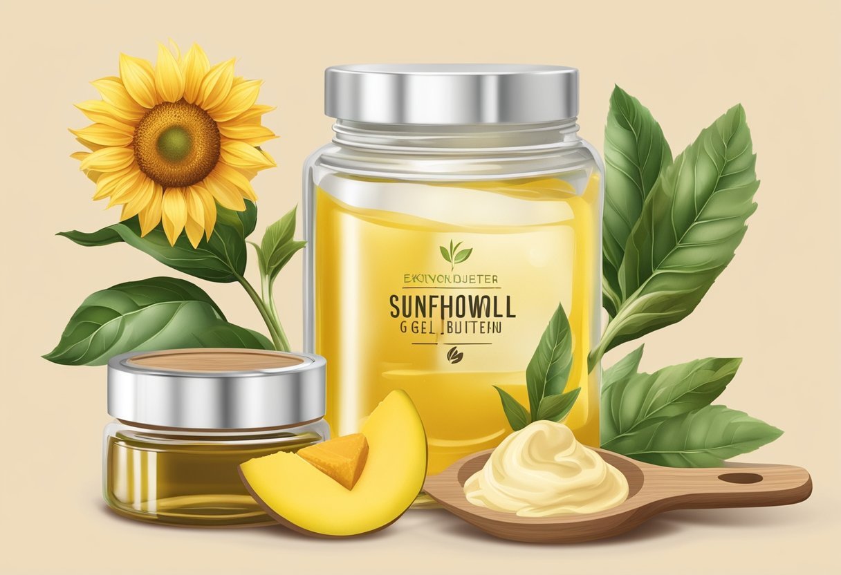 A clear glass jar filled with sunflower oil and mango butter gel, surrounded by ingredients for DIY eyebrow gel