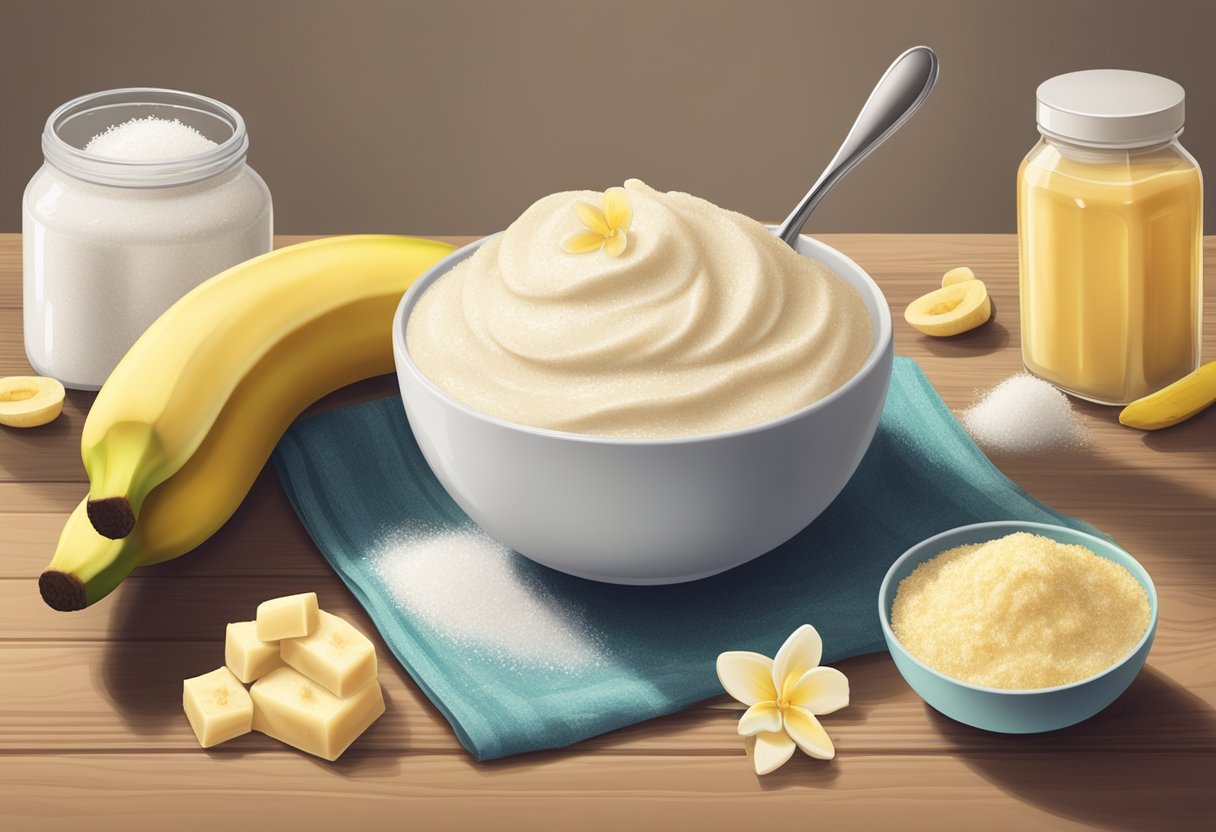 A bowl of banana and cream scrub sits on a wooden table surrounded by ingredients like sugar and coconut oil. The soft lighting highlights the texture of the mixture