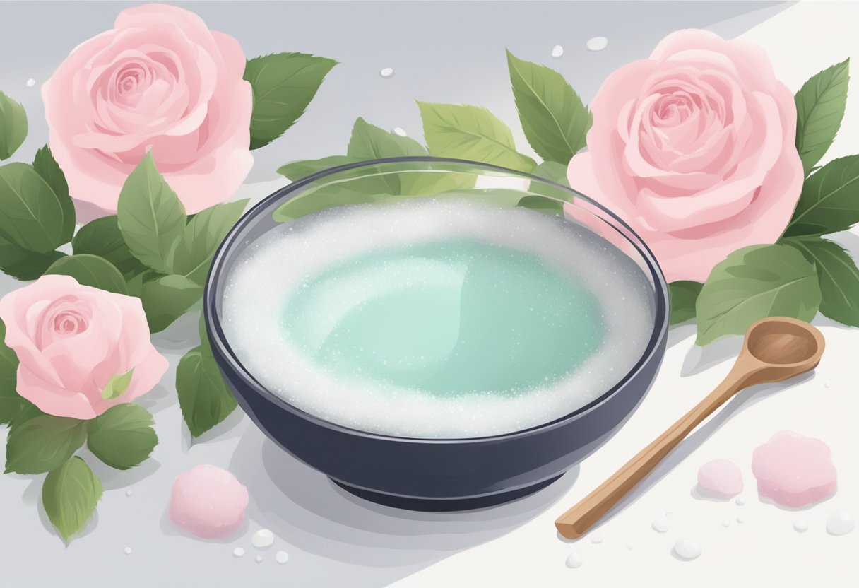 A small bowl filled with sugar and rose water sits on a clean white countertop, ready to be mixed into a gentle homemade face scrub