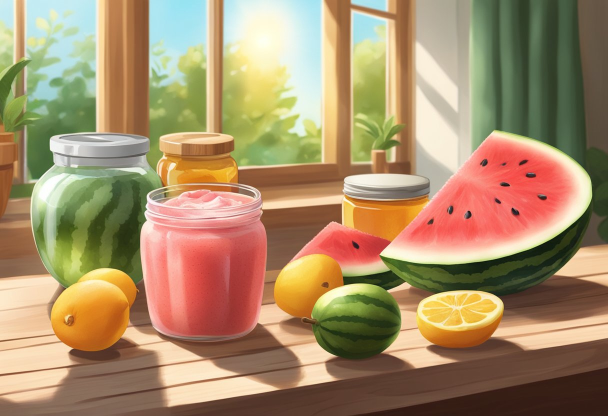 A watermelon and yogurt scrub sits on a wooden table, surrounded by fresh fruit and a jar of honey. The sunlight shines through a nearby window, casting a warm glow on the ingredients