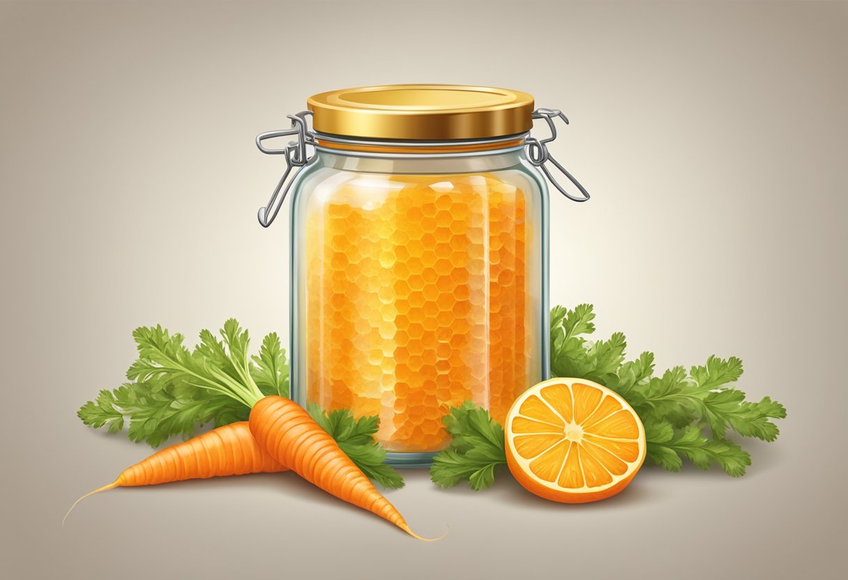 A glass jar filled with orange carrot and golden honey, surrounded by fresh carrots and honeycomb