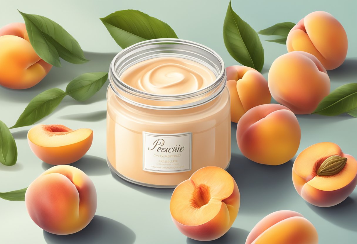 A jar of Peaches And Cream Delicate Scrub surrounded by fresh peaches and cream, with a soft, pastel background