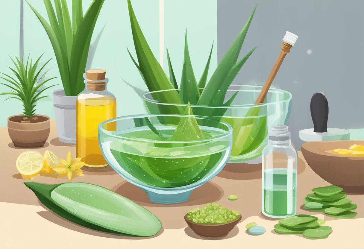 Aloe vera and glycerin serum being mixed in a glass bowl with essential oils and water, surrounded by various ingredients and measuring tools