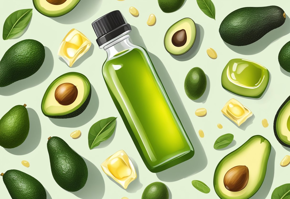 A glass bottle of avocado oil and vitamin E serum surrounded by ingredients for DIY hydrating serums