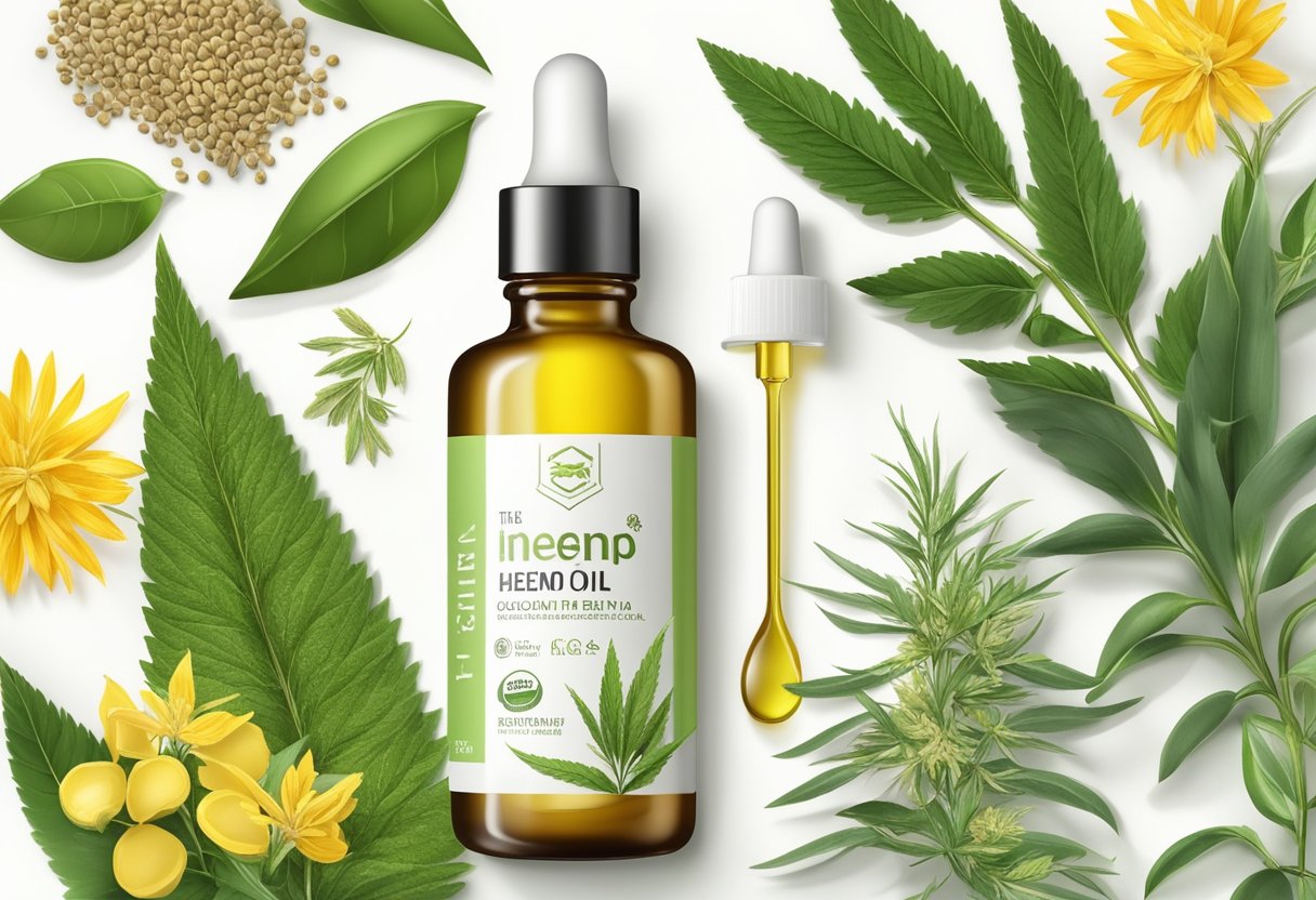 A clear glass bottle with a dropper, filled with golden hemp seed oil and tea tree moisture serum, surrounded by various natural ingredients like herbs, flowers, and essential oils